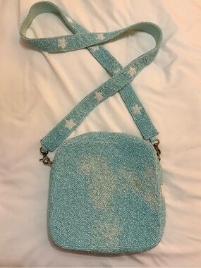 Star-Accent Beaded Crossbody Bag in Light Blue